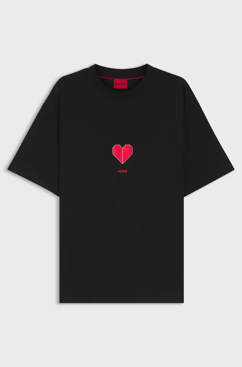 T-shirt in jersey di cotone con stampa di cuori origami