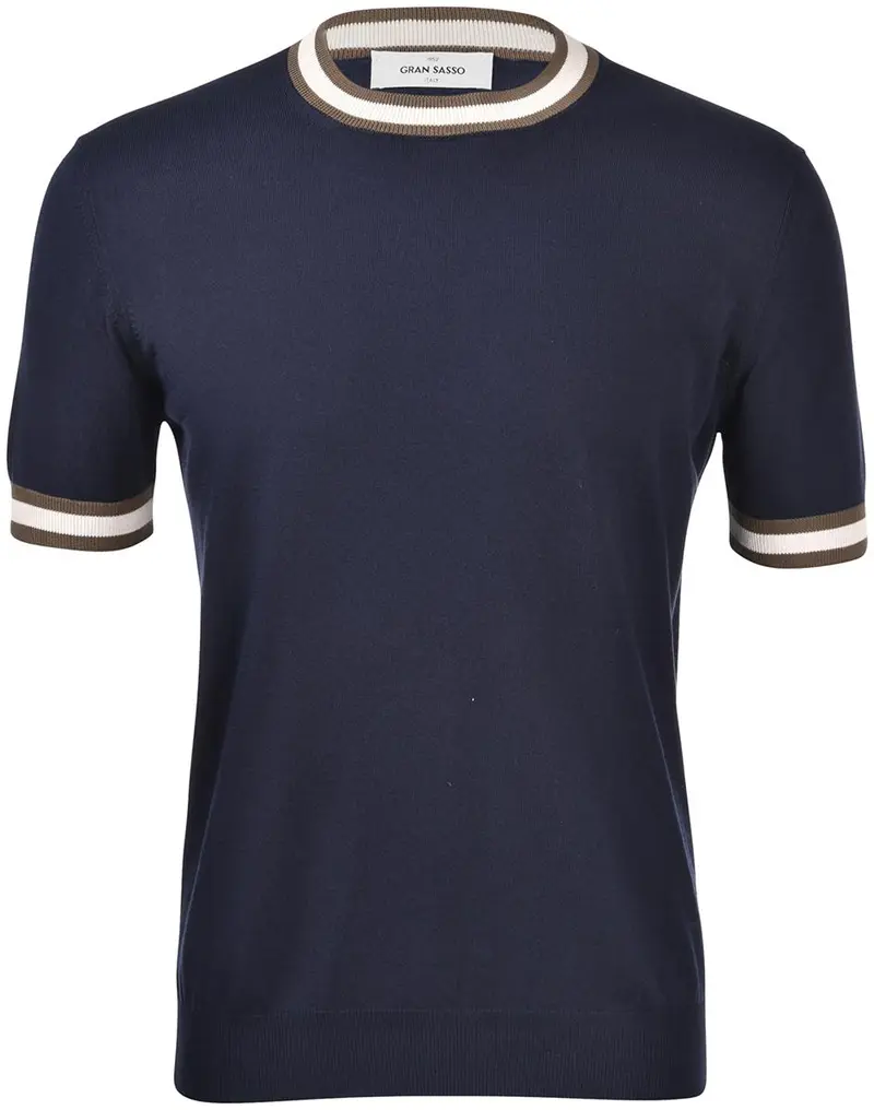 T-shirt in maglia con dettagli blu navy bianco marrone