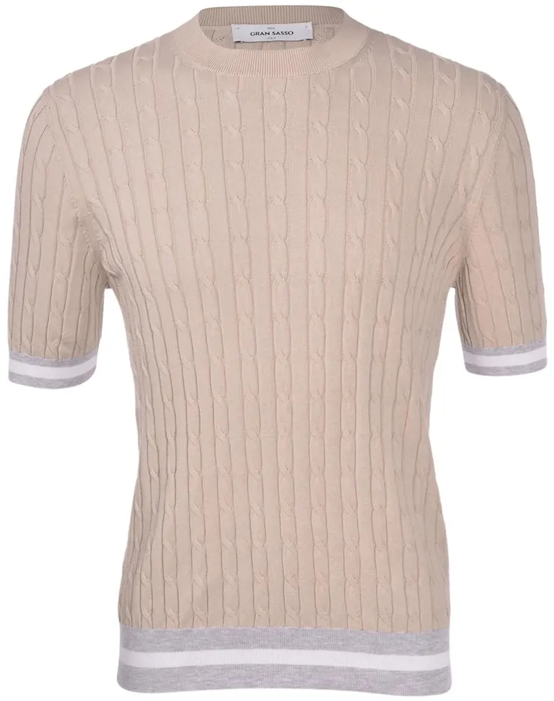 T-shirt in maglia lavorazione trecce e coste nocciola grigio bianco