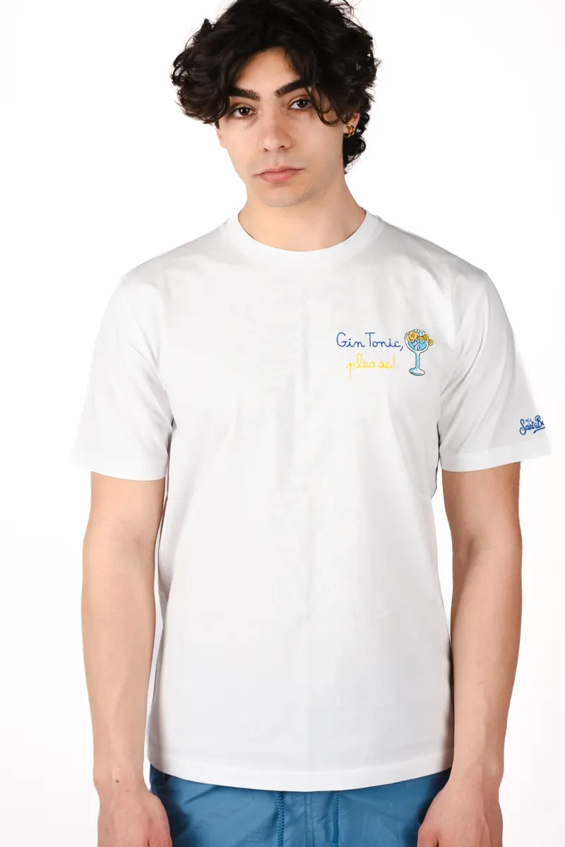 T-shirt Portofino bianca con ricamo "Gin tonic please!"