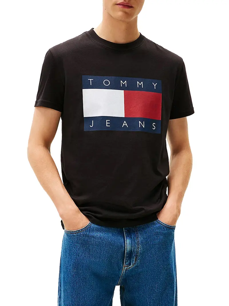 T-Shirt Tommy Hilfiger In Jersey Con Bandiera - Nero