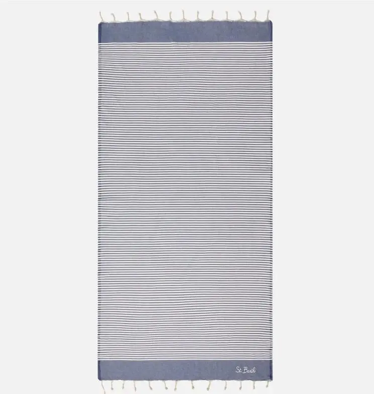 Telo mare Foutas a righe piccole blu navy e bianche