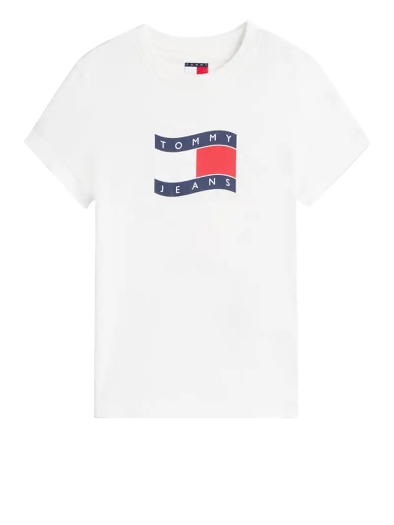 Tommy Jeans T-shirt Slim Fit Con Bandierina Ondulata - Ecru