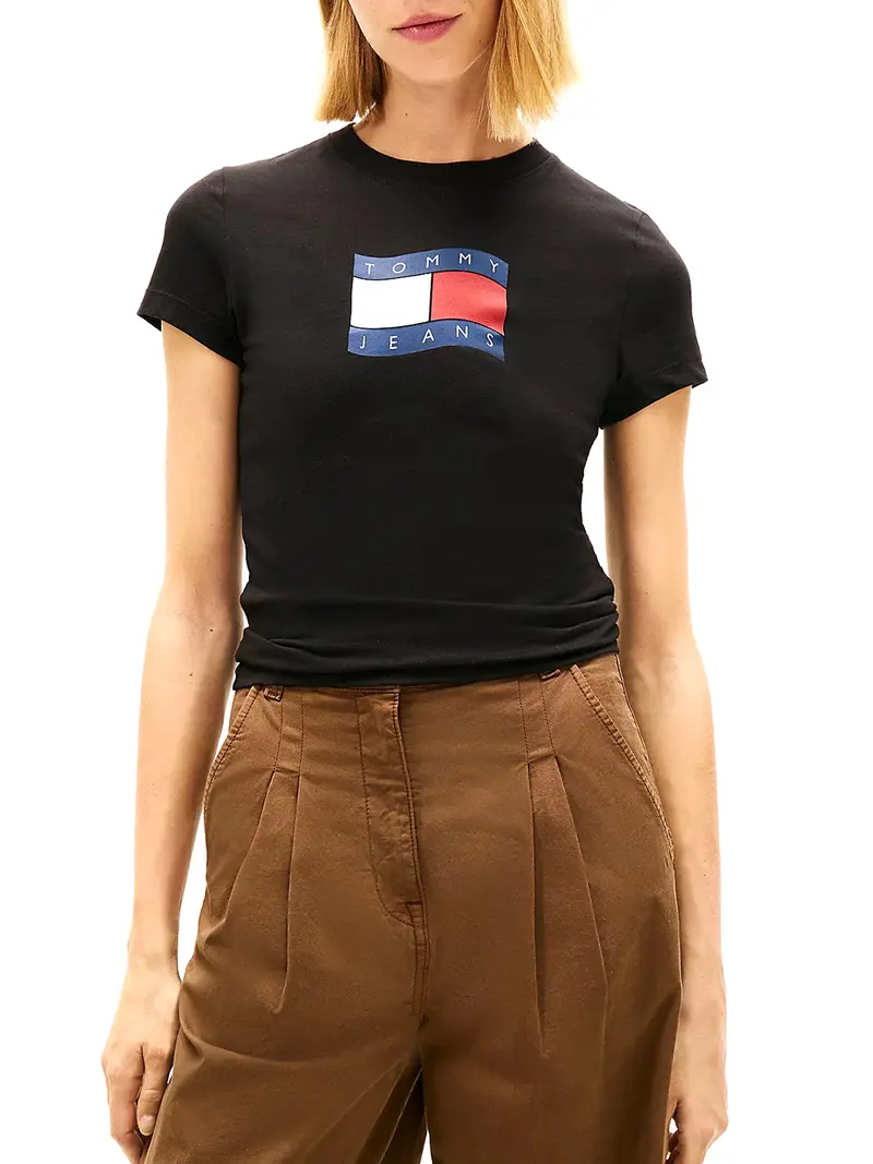 Tommy Jeans T-shirt Slim Fit Con Bandierina Ondulata - Nero
