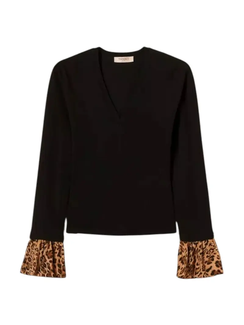 TWINSET Maglia Donna VISCOSE STRETCH & PRINTED FABRIC 252TP3154 12754 NERO/ST.ANIMALIER COFFEE/LAND