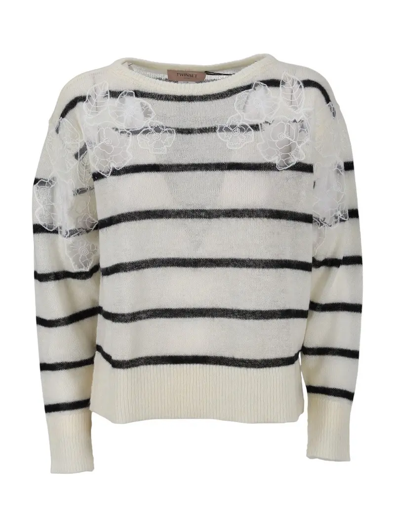 TWINSET Maglione Donna SOFT STRIPES & INTARSIA LACE 252TP3252 12755 RIGA NEVE/NERO