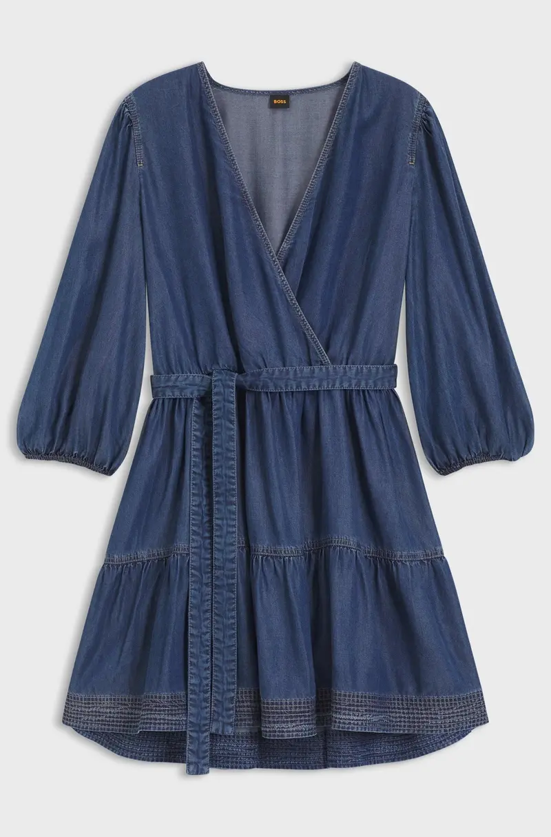 Vestito con parte anteriore incrociata in denim con maniche a palloncino